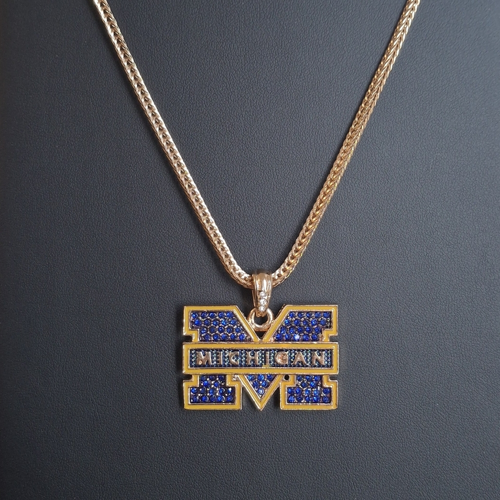 Large Gold tone and Blue Pendant Necklace Featuring Michigan